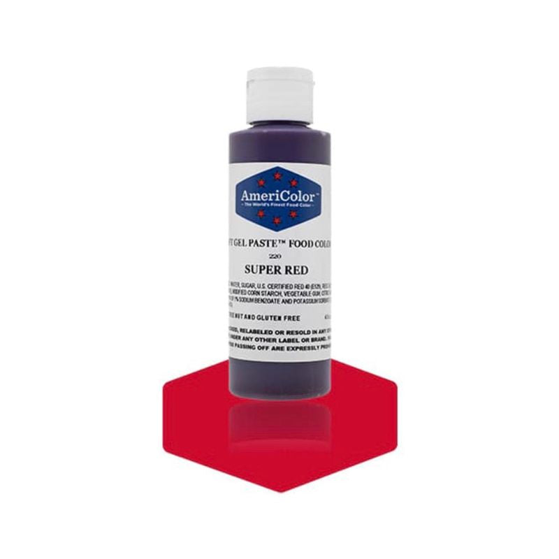 Bottle of Super Red Gel colouring is the perfect way to color your batter for red velvet cake or changing the icing colour to a pretty red buttercream or royal icing