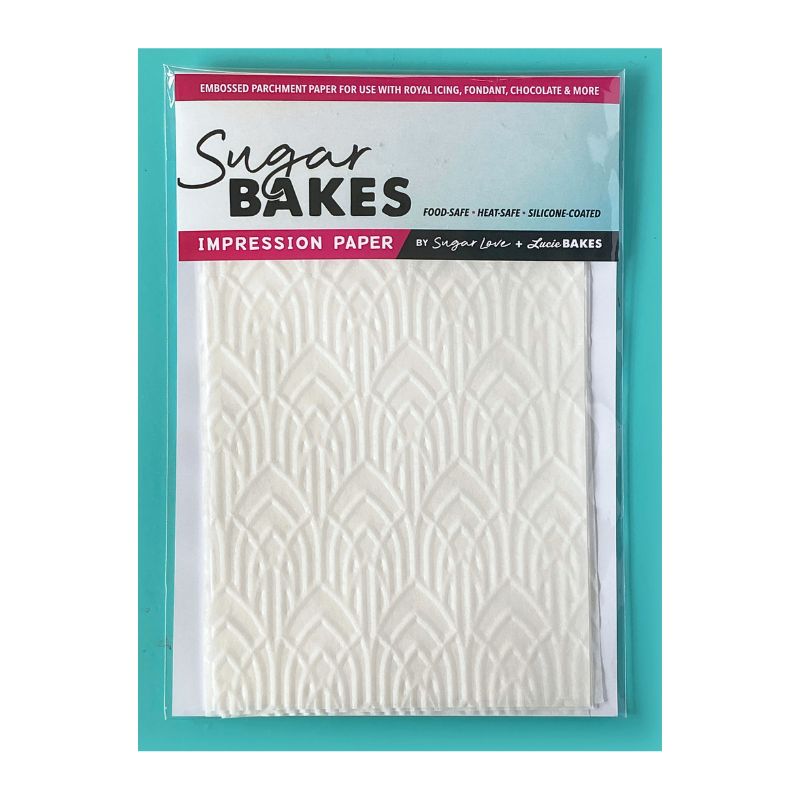 Gatsby design parchment in package with sugar bakes impression paper writing on teal background