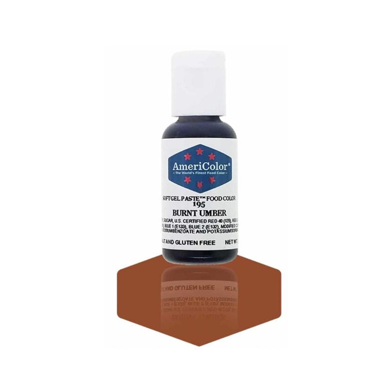 Small bottle of burnt umber food gel colouring that when mixed into frostings and icing it can chnage the colour