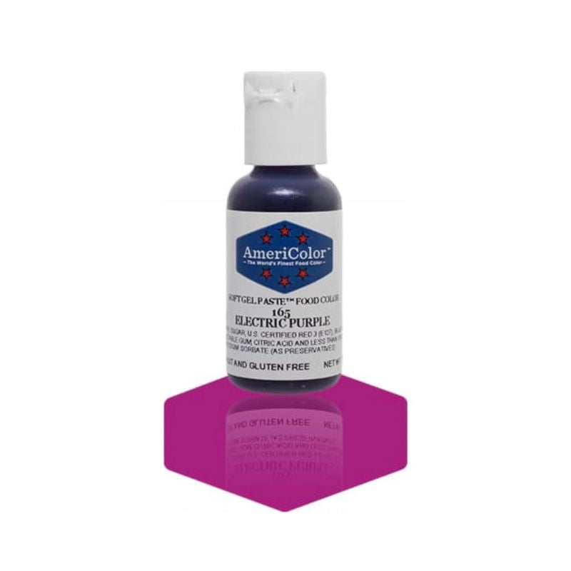 Bright Purple gel food colouring bottle on display for bakers to use to get bright colours in baking