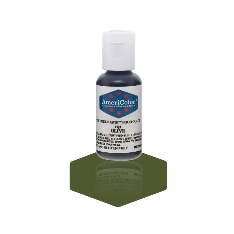 Small bottle of olive food color which can be used in royal icing and buttercream