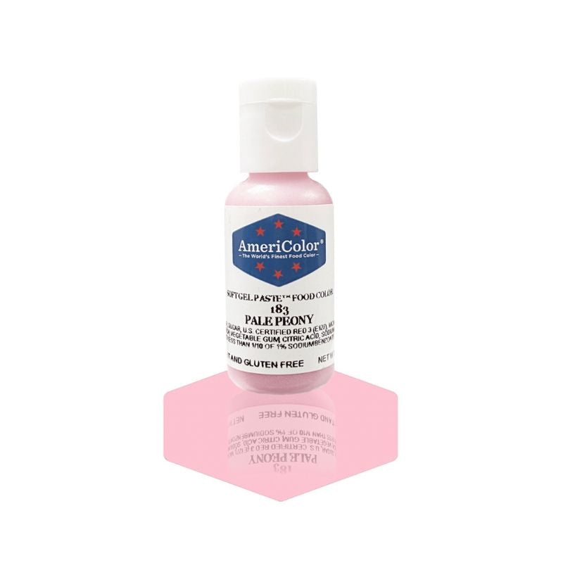 Bottle of light peony food gel paste that can be mixed into royal icing and buttercream to give a light pink colour