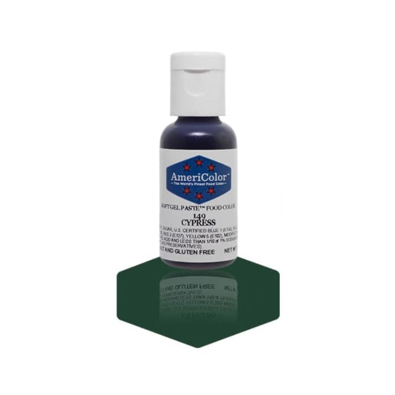 This small bottle of Cypress green is a great dark green to add and mix into batters and doughs or for mixing into icing to give a dark green color