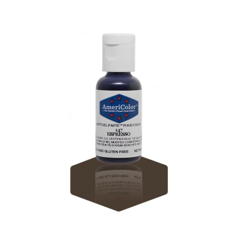 Bottle of Espresso brown food gel colouring which can be used by all bakers to change the colour of their Icings or frostings including buttercream and fondant and royal icing