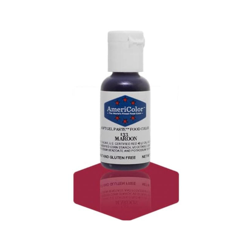 Maroon gel colour paste bottle that is easy to use and good for frostings and icings as well as making beautiful cookies and cakes