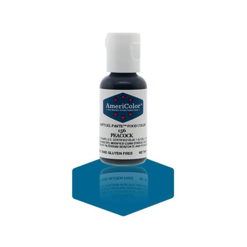 Bottle of Peacock blue food gel that can be mixed into icing and frosting to create a dark blue colour