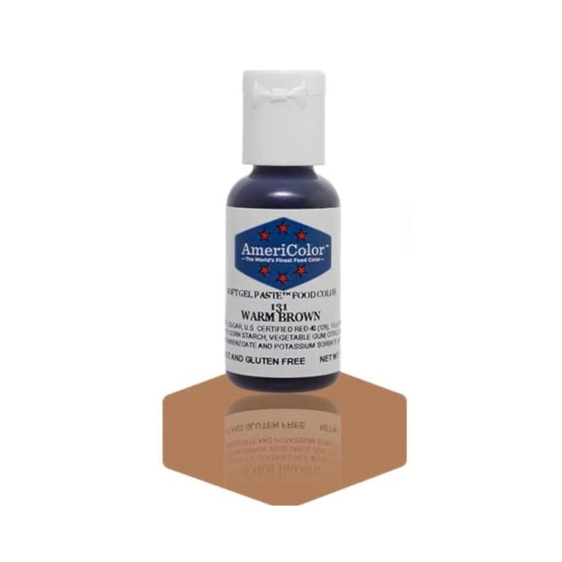 Small bottle of light brown food colouring that can be to colour icing and frostings as well as batters and doughs - it is available at sugar love baking supplies langley bc canada