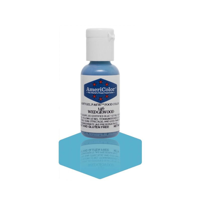 Bottle of Wedgwood food gel paste for adding colour to different kinds of fondant and buttercream and icings as well as colouring the dough or batter a light blue colour