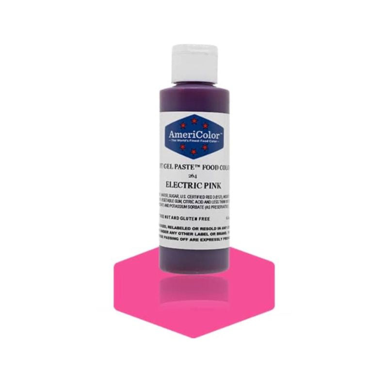 Electric pink bottle of food gel colour that will turn your icing and frostings bright pink for birthday cakes or pretty cookie icing