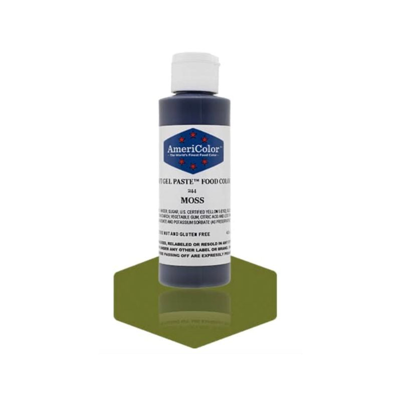 This bottle on display is Moss food Colouring and is used to change the colour of your baking to a beautiful darker green and can be used to change the icing color as well as the batter of your baking