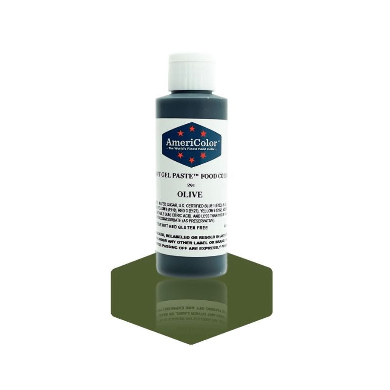 Bottle of Olive food colouring for adding a darker green to your icings and frosting as well adding it to your macarons to make them a beautiful green color