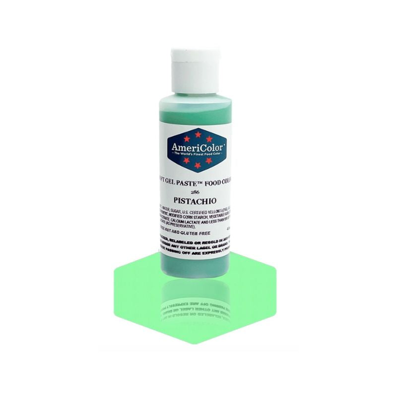 Bottle of Pistachio gel color that is great for making the icing and frosting turn a beautiful bright pastel green colour and is also good for macarons and batters