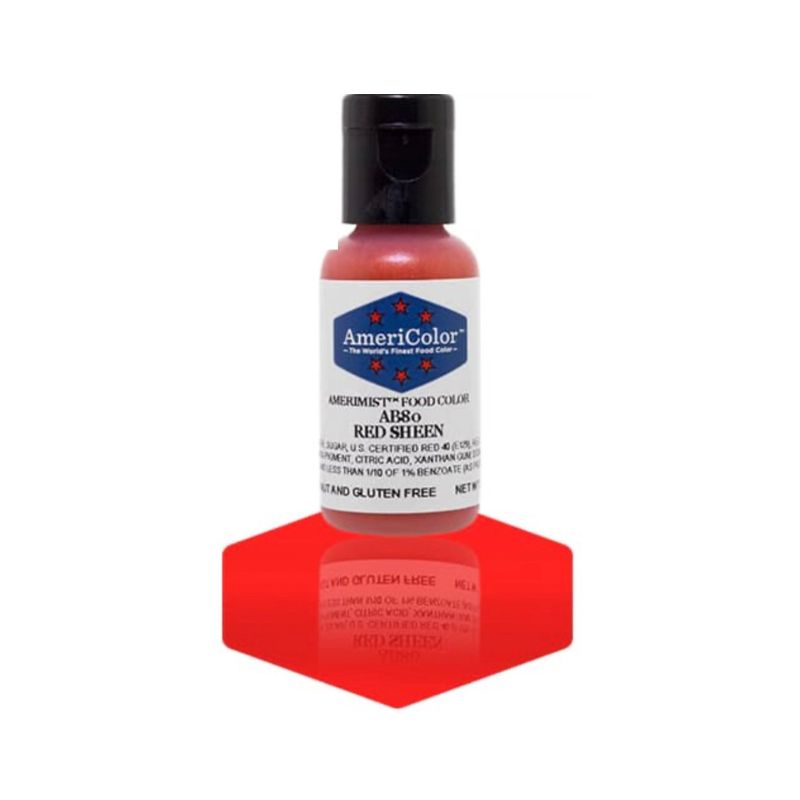 Red Shimmering Sheen airbrush colour bottle which when used with an airbrush machine you can create a beautiful shimmer on your cake and cookie designs
