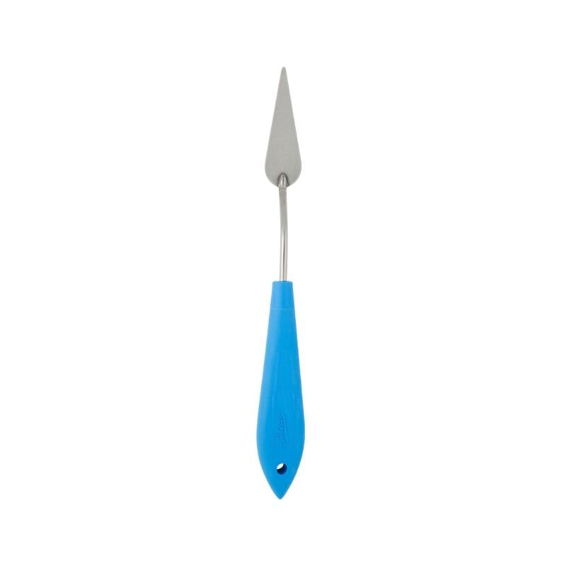 Blue handled spatula with metal end in the shape of a teardrop