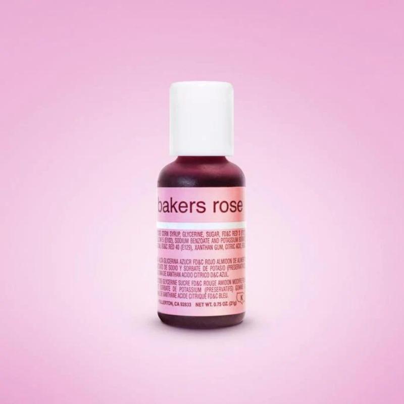 light pink background with bottle of bakers rose gel food colouring