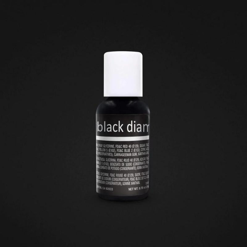 Black Diamond food gel colour with white lid and white writing on black background