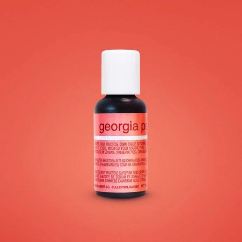 Georgia peach bottle of food gel colouring with white lid and black writing and on peach background