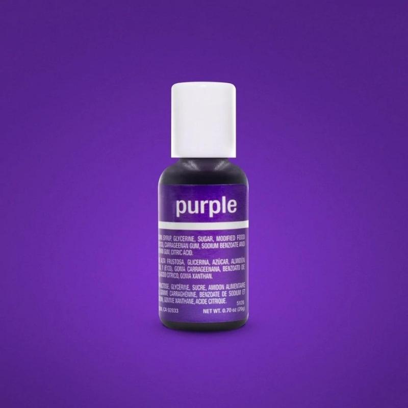 Purple food coloring bottle with white lid and white writing on purple background