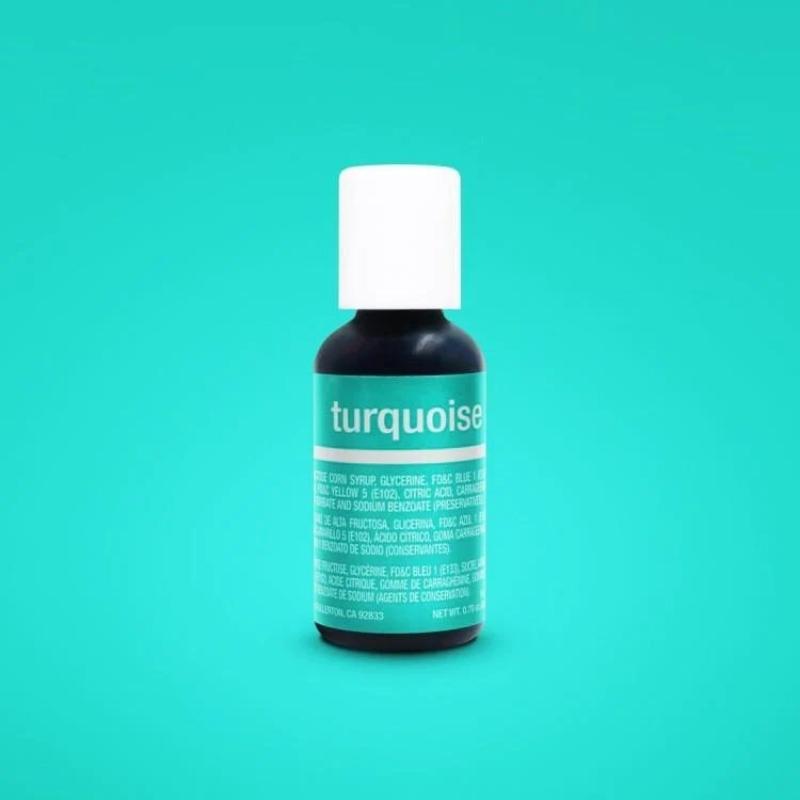 bottle of turquoise food gel colouring with white lid and turquoise background