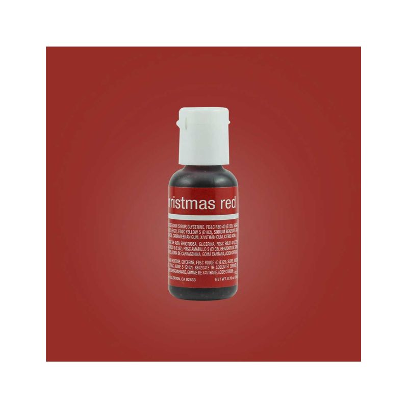 small bottle of Christmas red with white lid and writing on red background and white boarder