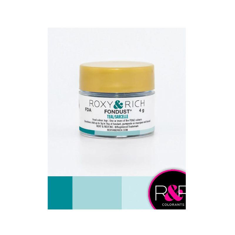 Container with gold lid and white label that has roxy & rich Fondust Teal writing on and blocks on the bottom with different shades of teal