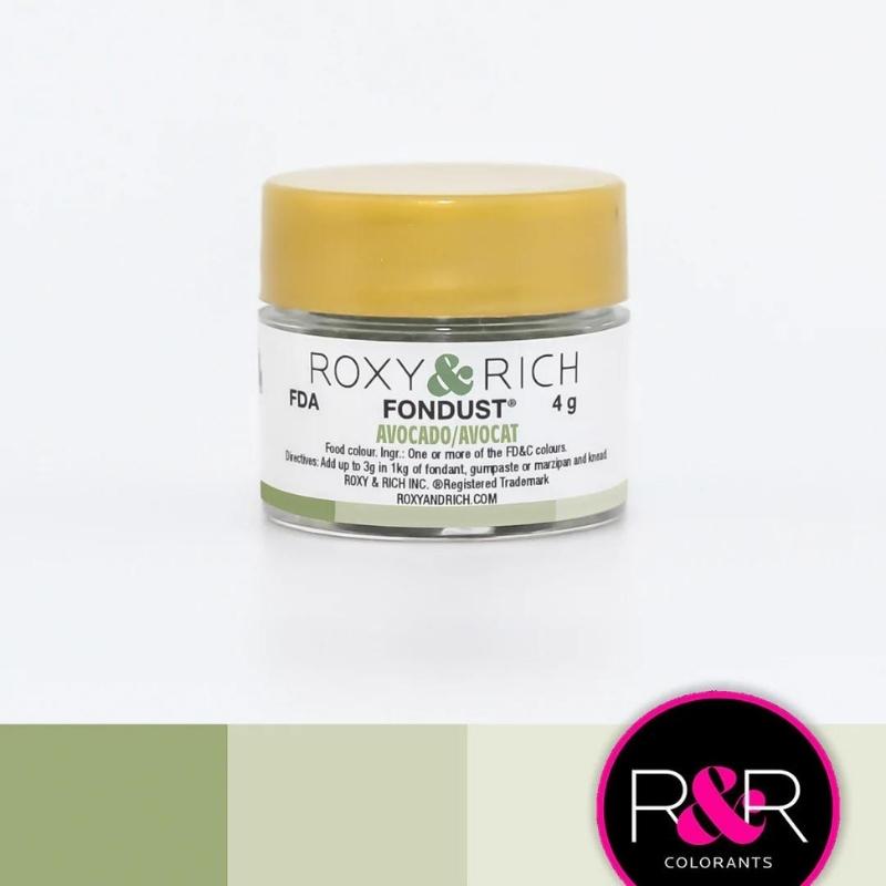 Container with gold lid and white label that has roxy & rich Fondust Avocado writing and different shades of avocado on the bottom