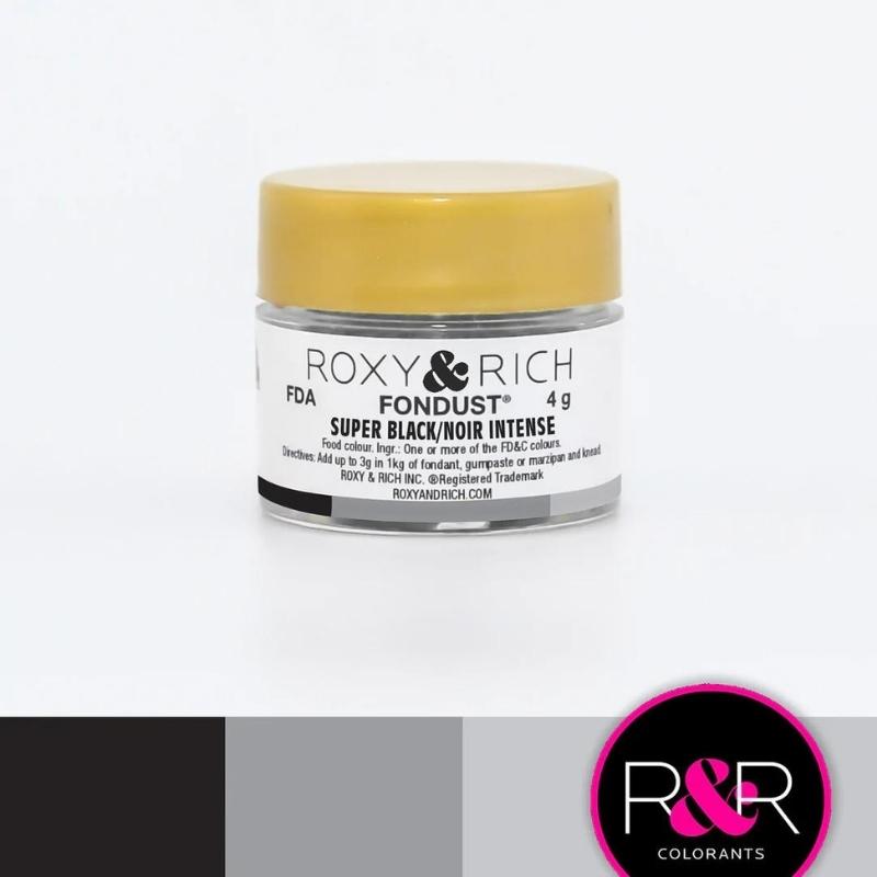 Container with gold lid and white label that has roxy & rich Fondust black writing