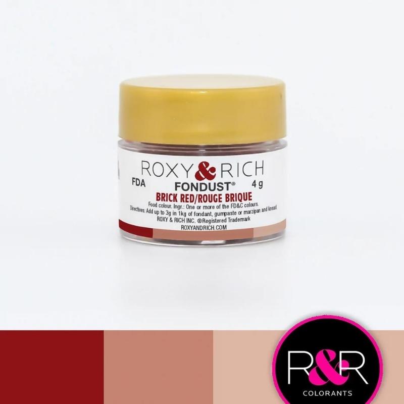 Container with gold lid and white label that has roxy & rich Fondust brick red writing and different shades of brick red on the bottom