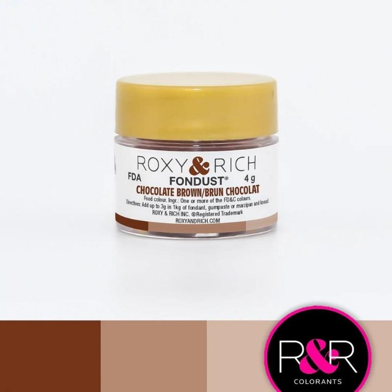 Container with gold lid and white label that has roxy & rich Fondust Chocolate Brown with different shades of brown blocks on the bottom