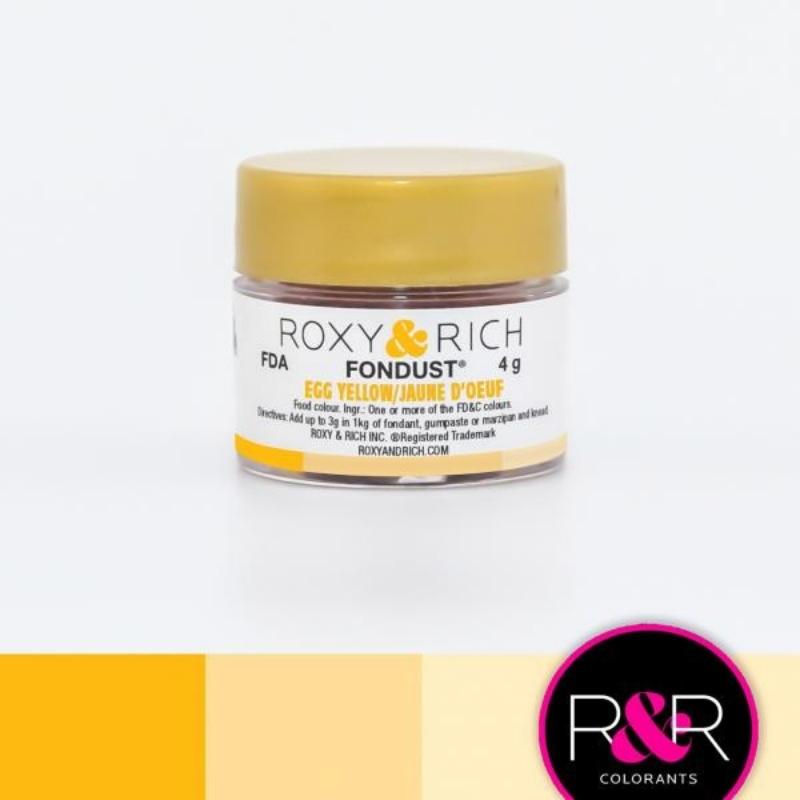 Container with gold lid and white label that has roxy & rich Fondust egg yellow with different coloured yellow shades