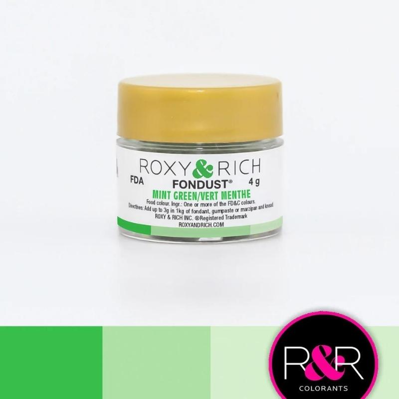 Container with gold lid and white label that has roxy & rich Fondust Mint Green with different shades of mint green on the bottom