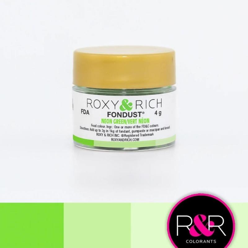 Container with gold lid and white label that has roxy & rich Fondust Neon Green writing and different shades of neon green on the bottom