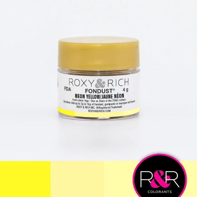 Container with gold lid and white label that has roxy & rich Fondust neon yellow with different shades of yellow in blocks on the bottom