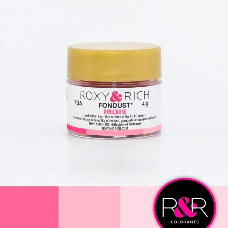 Container with gold lid and white label that has roxy & rich Fondust pink