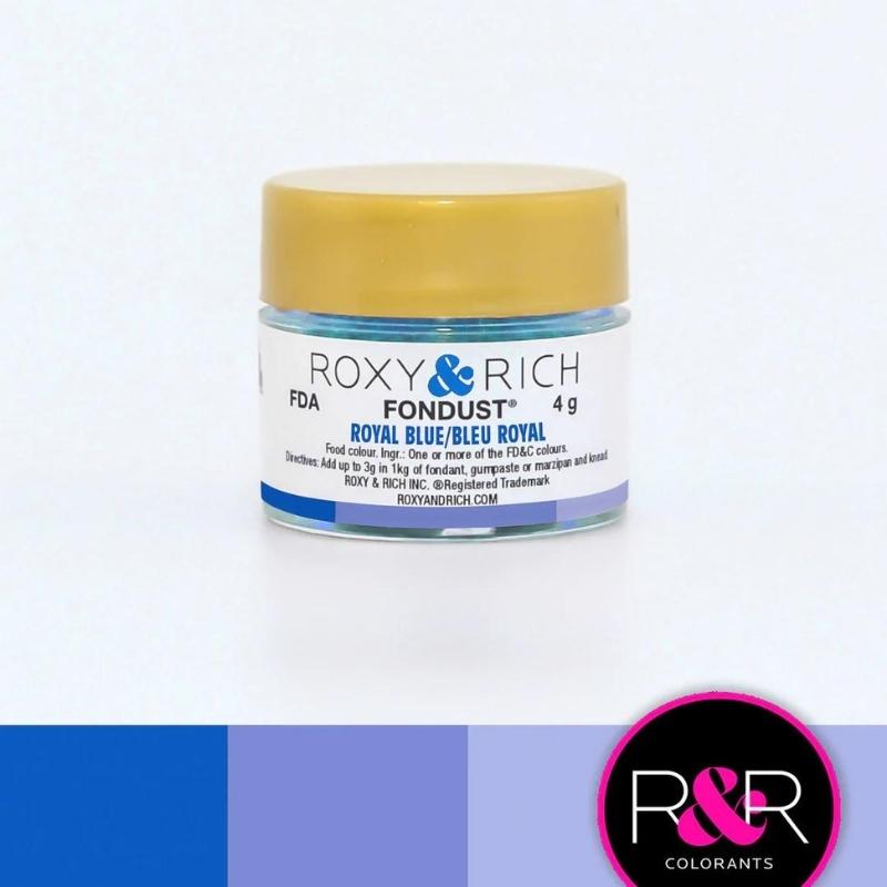 Container with gold lid and white label that has roxy & rich Fondust royal blue with multiple shades of royal blue on the bottom