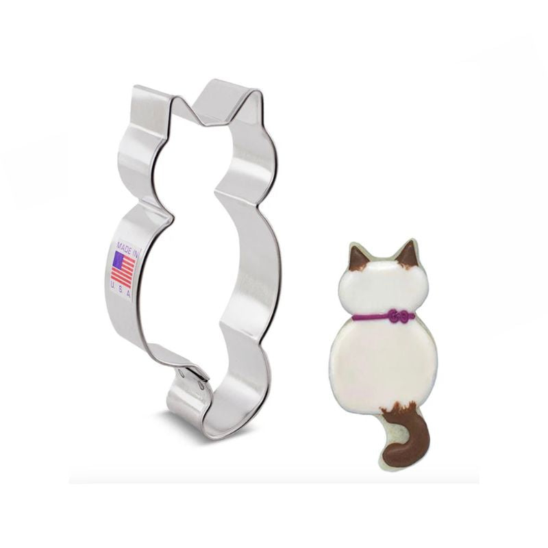 Back facing cat with a tail cookie cutter that is good for making kitten themed party cookies