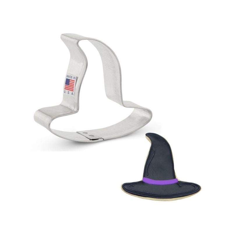 Metal made in the Usa with flag sticker on side of cookie cutter in the shape of a Mini with hat and decorated hat with black and purple