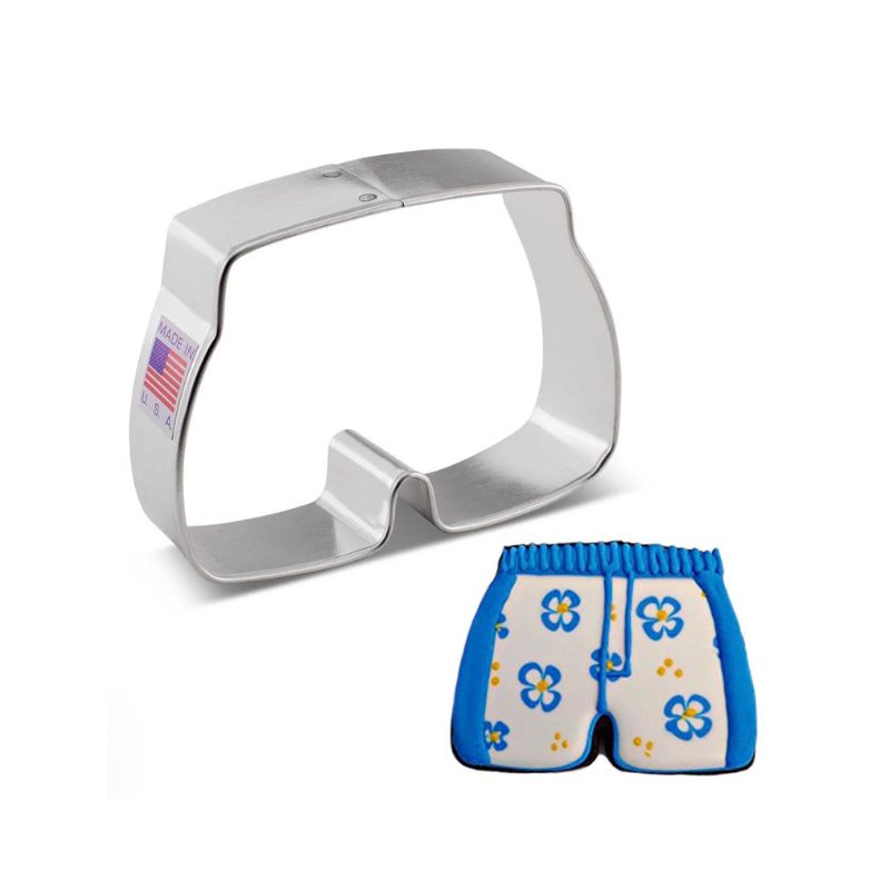 This shorts cookie cutter is used for making decorated cookies for swimming or parties