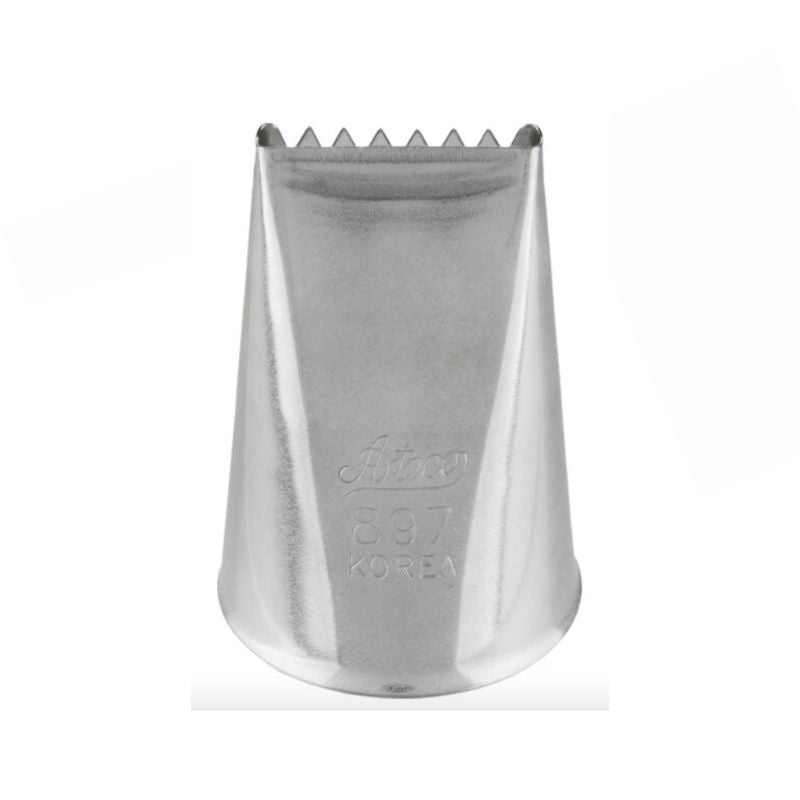 Metal icing nozzle with jagged edges for cake decorating, labeled "Korea" and "897," perfect for detailed cake designs.