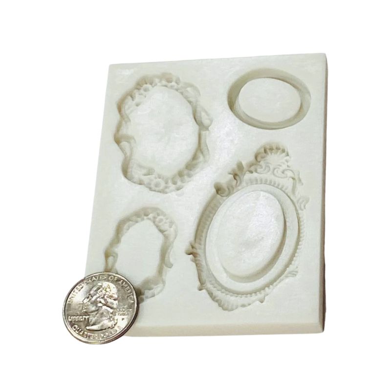 Silicone frame molds with different shapes and with a coin with a man on