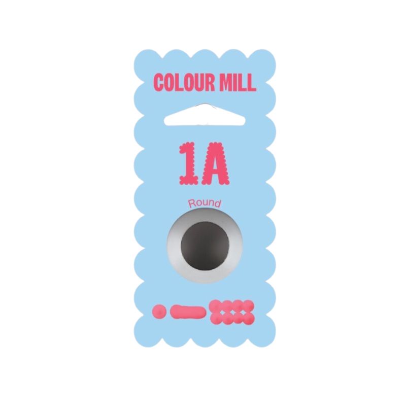 Blue package with red colour mill 1a round written on with silver piping tip in round