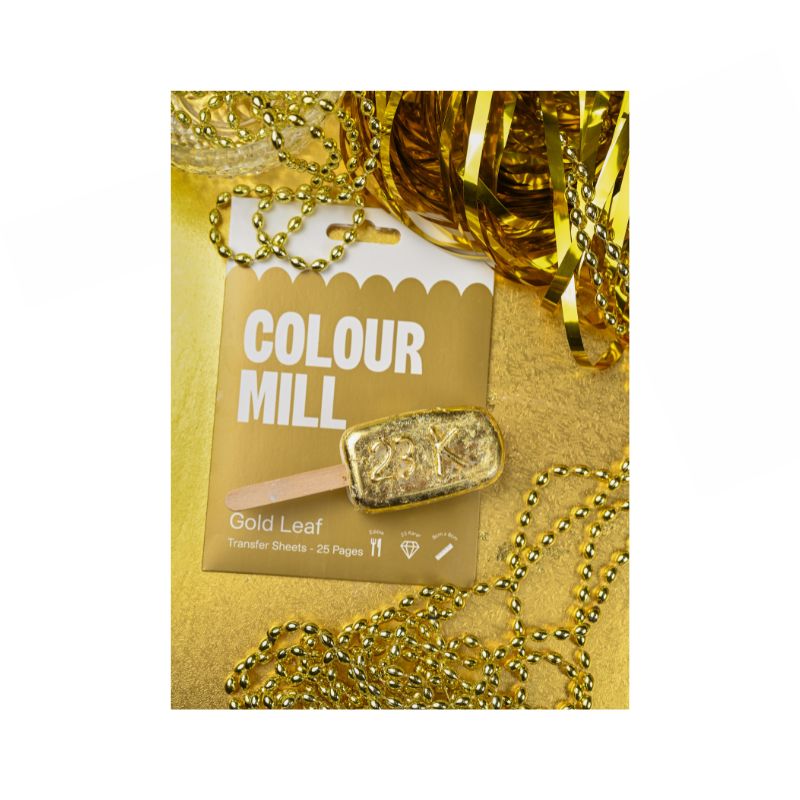 Gold background with gold tassels and beads with colour mill gold leaf written on box