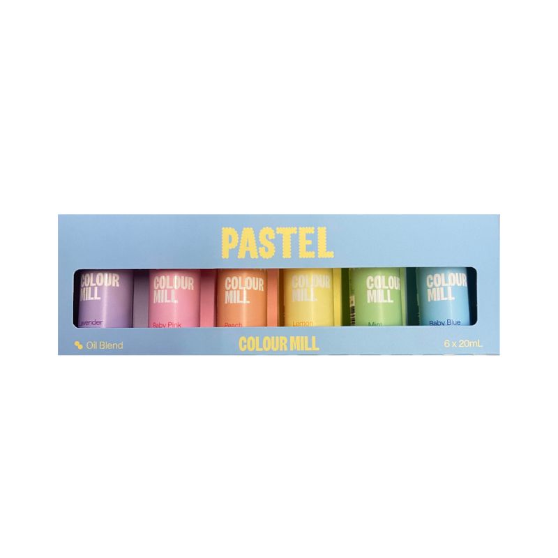 Blue box of food colourings with pastel colour mill writing in yellow. 6 bottles of colouring in pastel colours