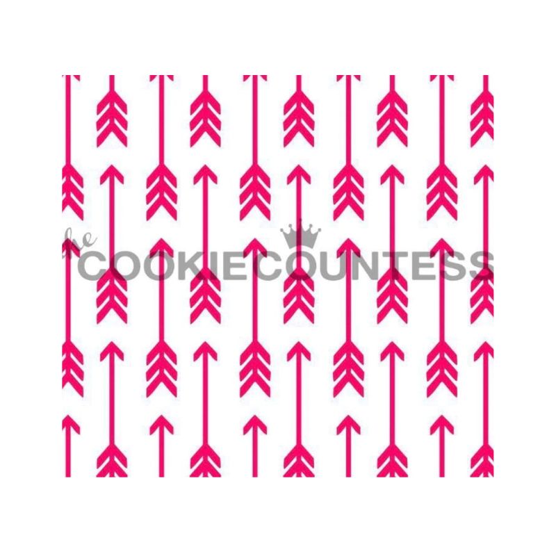 Pink arrows going pointing up with cookie countess in grey on white background