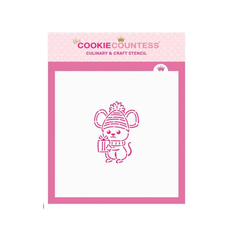 Pink mouse PYO on white stencil on pink background with cookie countess stencil 