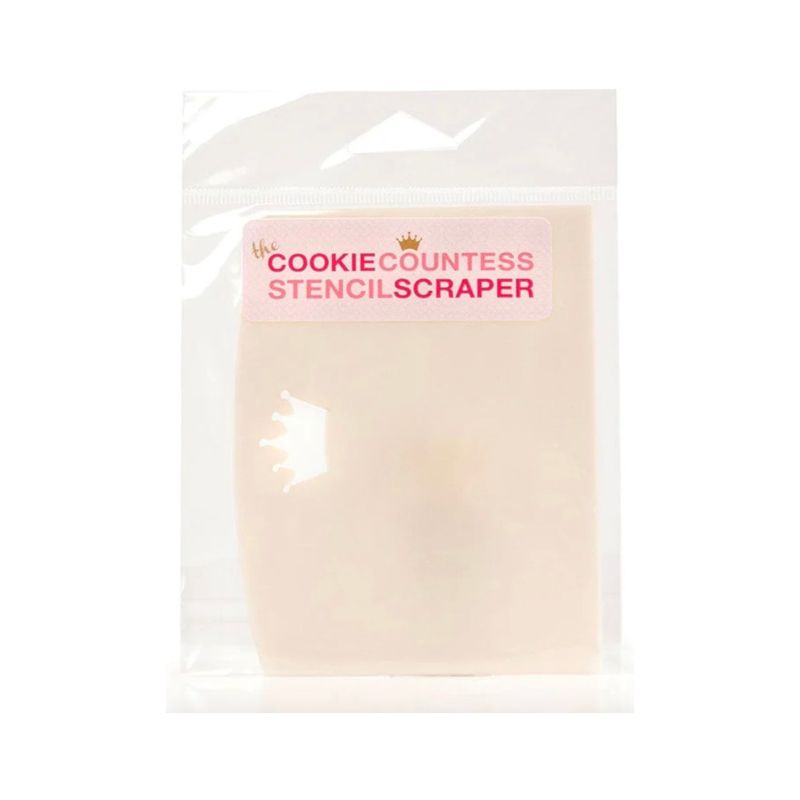 Clear envelope with cream scraper  with crown on and the cookie countess stencil scraper writing in pink