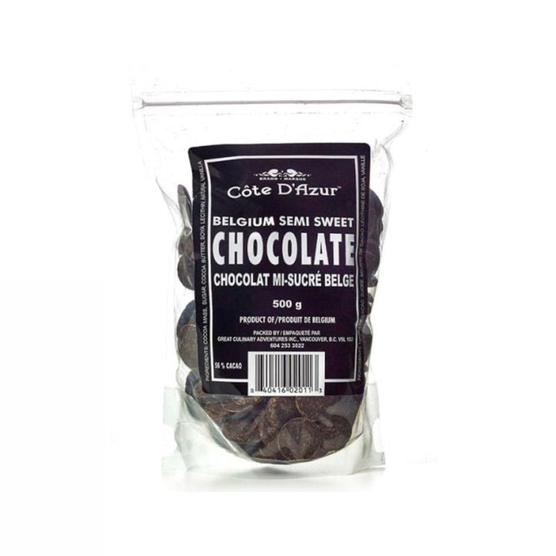 clear bag with chocolate circles in and Belgium semi sweet chocolate written in white on black label