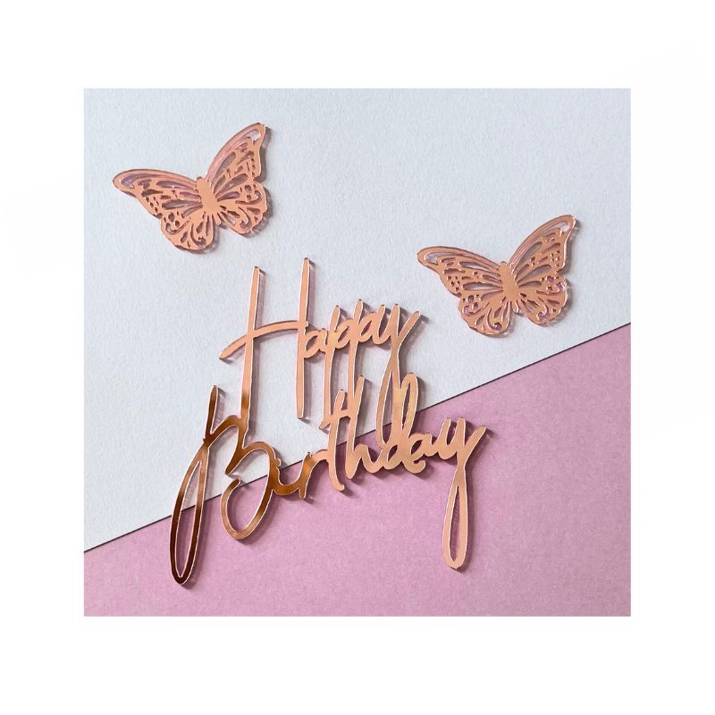 Rose gold happy birthday with 2 butterflies on white and pink background