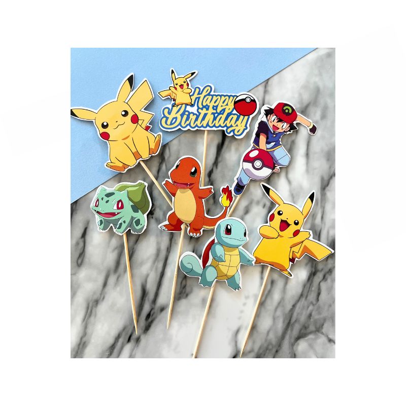 6 different Pokemon characters and one happy birthday sign on sticks for cupcakes 