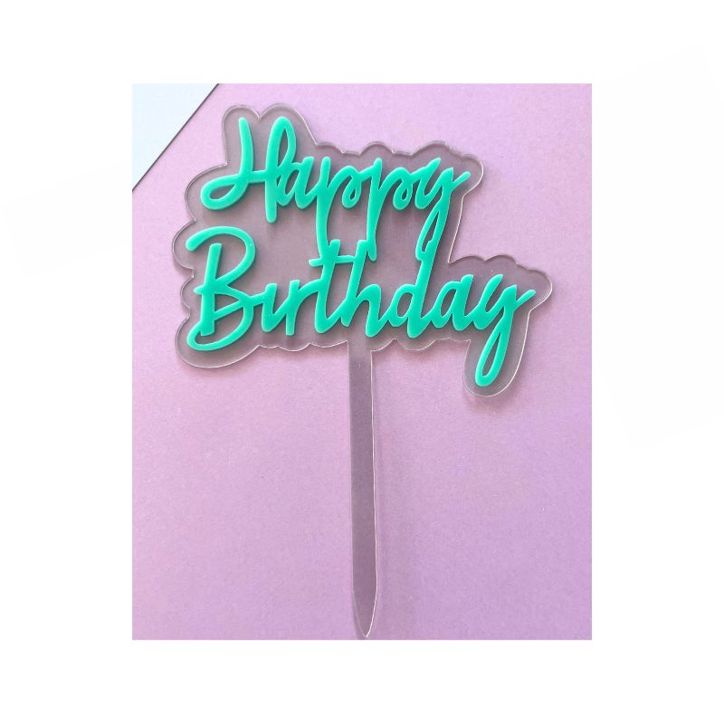 pastel teal happy birthday on clear cake stick 